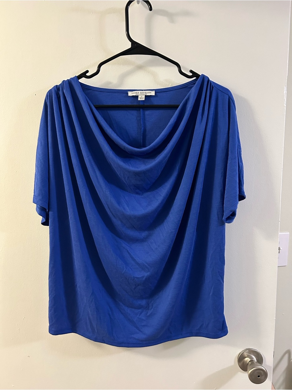 Green Envelope Royal Blue Draped Cowl Neck Blouse - Women